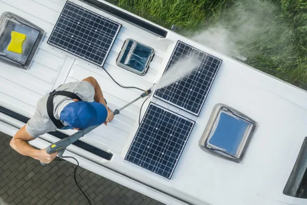 Men Power Washing His Camper Van RV Roof and Solar Panels